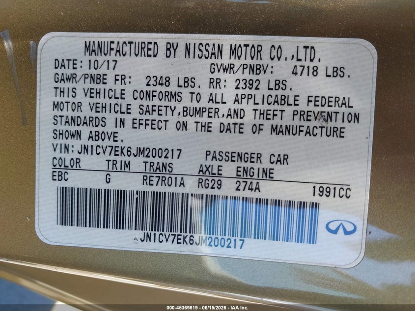 2018 Infiniti Q60 VIN JN1CV7EK6JM200217 IAAI salvage auction — FRONT END, Salvage (Idaho), sold $25 on 2026-07-29 (photo 9)