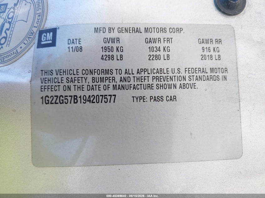 2009 Pontiac G6 VIN 1G2ZG57B194207577 IAAI salvage auction — FRONT END, Clear (Tennessee), sold $300 on 2026-07-09 (photo 9)