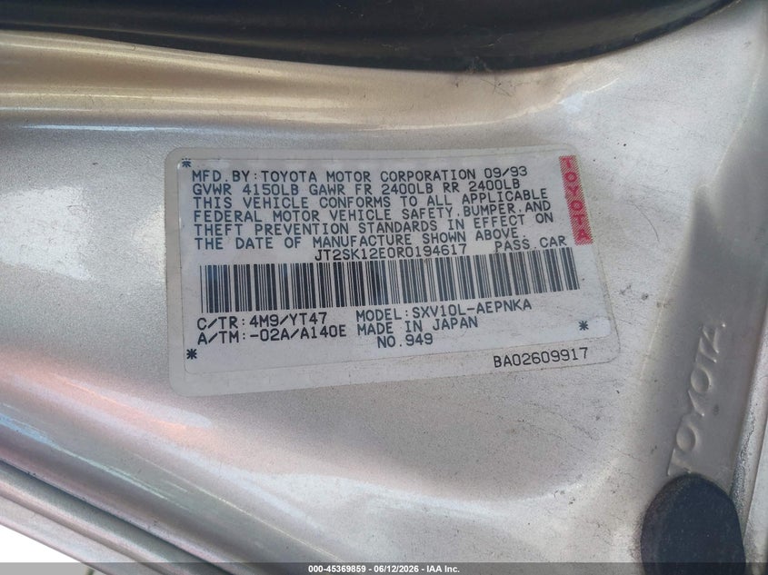 1994 Toyota Camry VIN JT2SK12E0R0194617 IAAI salvage auction — LEFT REAR, Salvage (California), sold $275 on 2026-07-13 (photo 9)