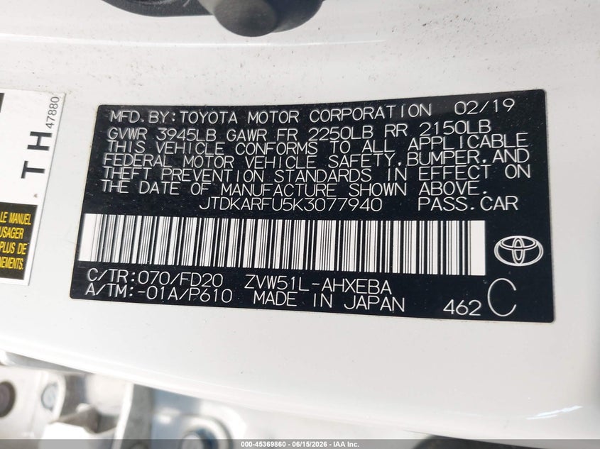 2019 Toyota Prius VIN JTDKARFU5K3077940 IAAI salvage auction — FRONT END, Salvage (California), sold $4,100 on 2026-07-09 (photo 9)