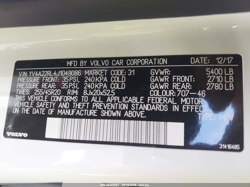 2018 Volvo Xc60 VIN YV4A22RL4J1049086 IAAI salvage auction — FRONT END, Wait Title, sold $4,950 on 2026-08-06 (photo 9)