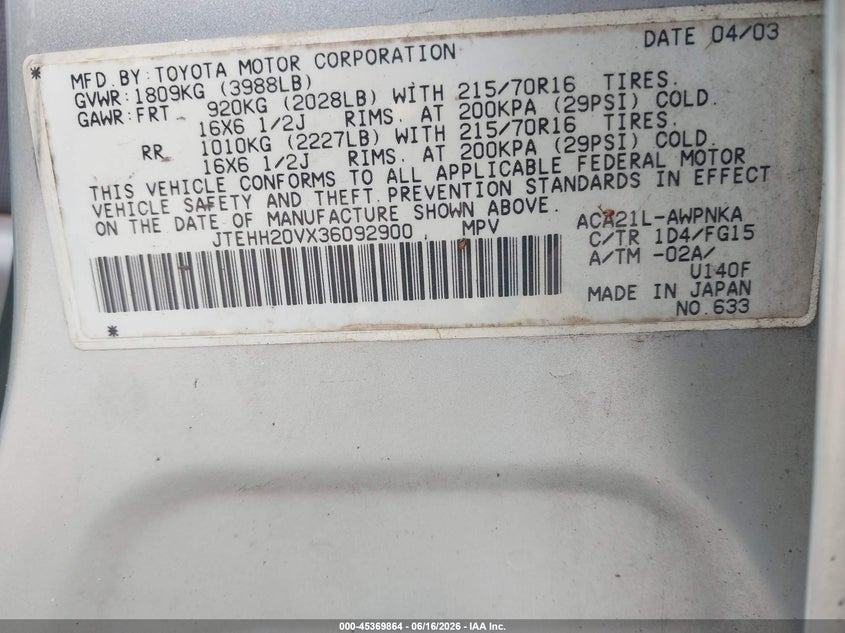 2003 Toyota Rav4 VIN JTEHH20VX36092900 IAAI salvage auction — NORMAL WEAR, Clear (Florida), sold $350 on 2026-07-07 (photo 9)