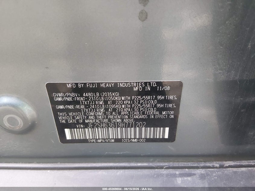 2009 Subaru Forester VIN JF2SH63619H771202 IAAI salvage auction — FRONT END, Clear (Virginia), sold $325 on 2026-07-14 (photo 9)