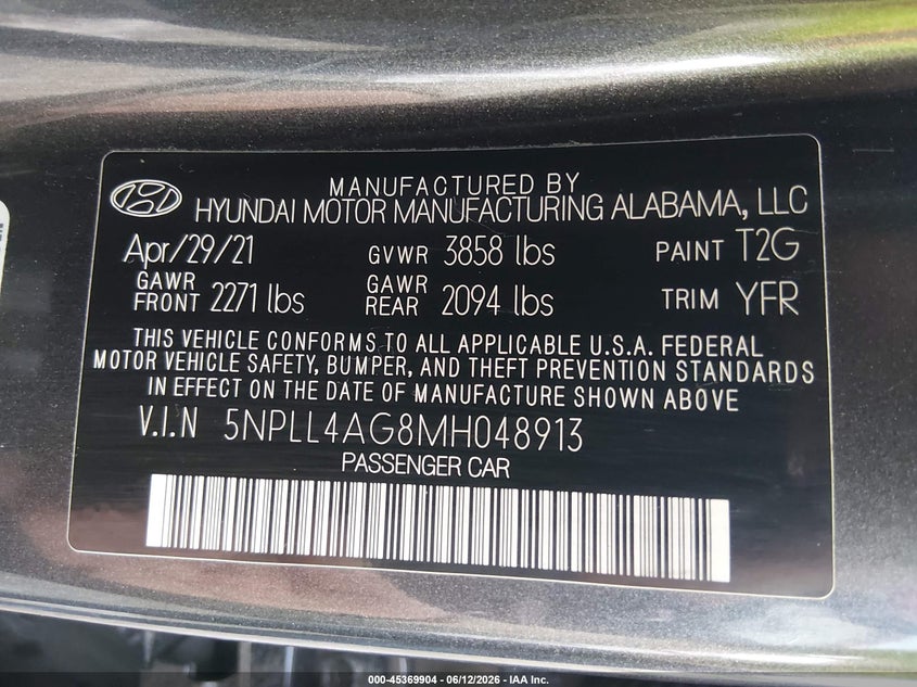 2021 Hyundai Elantra VIN 5NPLL4AG8MH048913 IAAI salvage auction — NORMAL WEAR, Sf97 (Maryland), sold $2,050 on 2026-07-21 (photo 9)