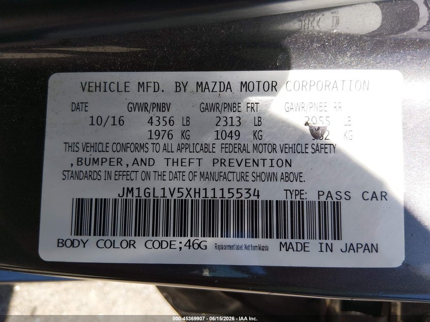 2017 Mazda 6 VIN JM1GL1V5XH1115534 IAAI salvage auction — ALL OVER, Salvage (Connecticut), sold $875 on 2026-07-16 (photo 9)