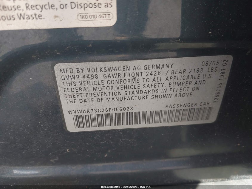2006 Volkswagen Passat VIN WVWAK73C26P055028 IAAI salvage auction — FRONT END, Clear (New Jersey), sold $425 on 2026-07-13 (photo 9)