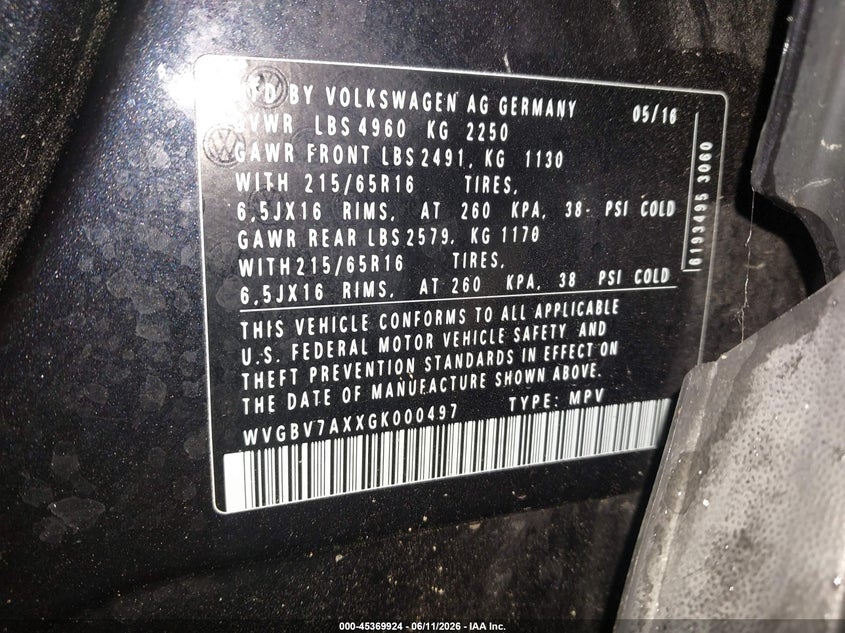 2016 Volkswagen Tiguan VIN WVGBV7AXXGK000497 IAAI salvage auction — HAIL, Salvage Title, sold $25 on 2026-07-29 (photo 9)