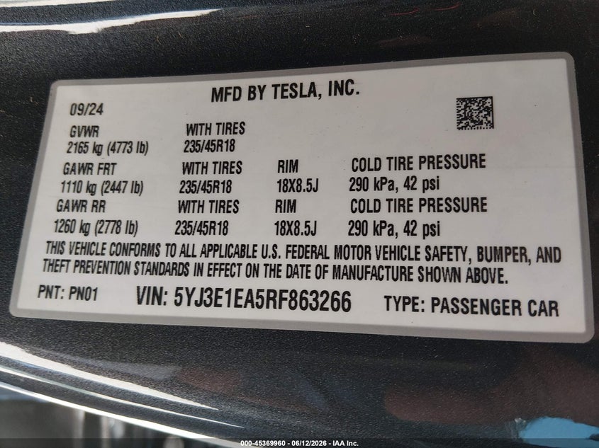 2024 Tesla Model 3 VIN 5YJ3E1EA5RF863266 IAAI salvage auction — REAR END, Salvage (Texas), sold $9,550 on 2026-07-21 (photo 9)