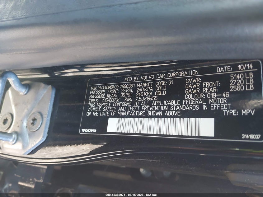 2015 Volvo Xc60 VIN YV440MDK7F2690361 IAAI salvage auction — RIGHT FRONT, Salvage (New Jersey), sold $1,875 on 2026-08-10 (photo 9)