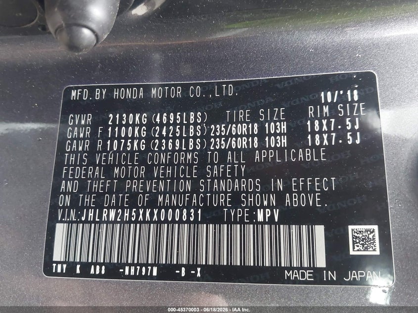 2019 Honda Cr-v VIN JHLRW2H5XKX000831 IAAI salvage auction — FRONT END, Salvage (Ohio), sold $4,800 on 2026-07-07 (photo 9)
