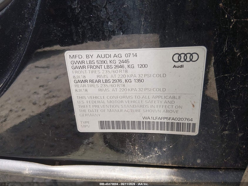 2015 Audi Q5 VIN WA1LFAFP5FA020764 IAAI salvage auction — NORMAL WEAR, Original (Ohio), sold $925 on 2026-07-29 (photo 9)