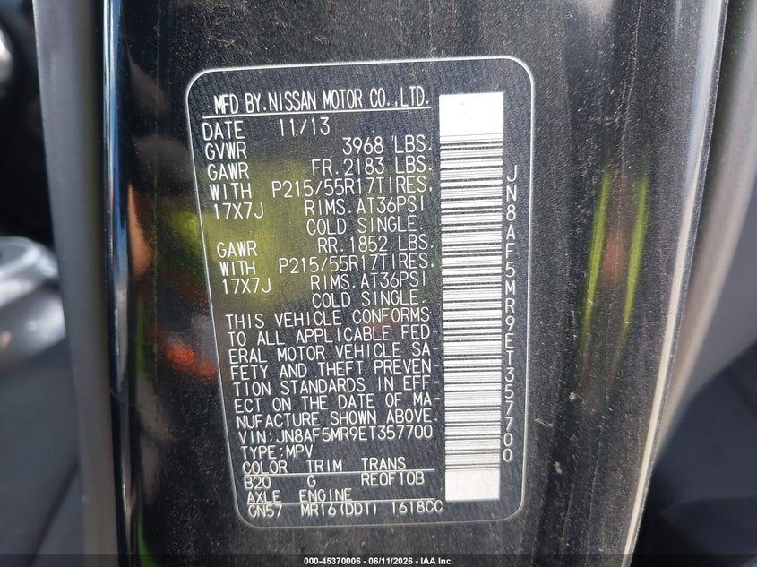 2014 Nissan Juke VIN JN8AF5MR9ET357700 IAAI salvage auction — REAR END, Salvage (Texas), sold $875 on 2026-07-06 (photo 9)