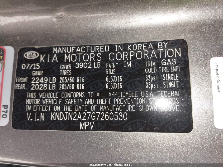 2016 Kia Soul VIN KNDJN2A27G7260530 IAAI salvage auction — RIGHT FRONT, Junk Bill Of Sale Mv2459 (Wisconsin), sold $375 on 2026-07-15 (photo 9)