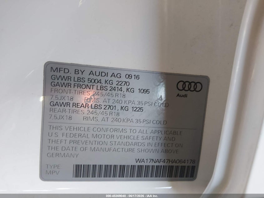2017 Audi A4 allroad VIN WA17NAF47HA064178 IAAI salvage auction — FRONT & REAR, Salvage (Arizona), sold $3,500 on 2026-07-14 (photo 9)