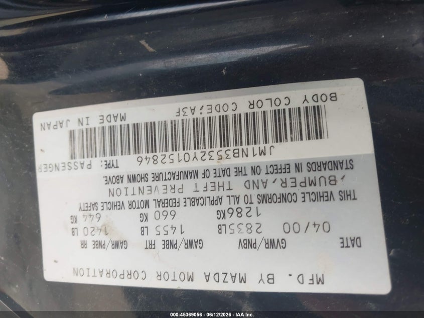 2000 Mazda Mx-5 VIN JM1NB3532Y0152846 IAAI salvage auction — REAR END, Salvage (Arkansas), sold $600 on 2026-07-29 (photo 9)