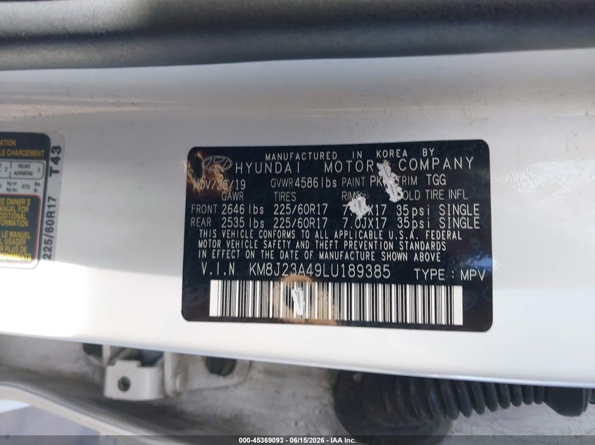 2020 Hyundai Tucson VIN KM8J23A49LU189385 IAAI salvage auction — THEFT, Mv-907A (New York), sold $4,150 on 2026-07-15 (photo 9)