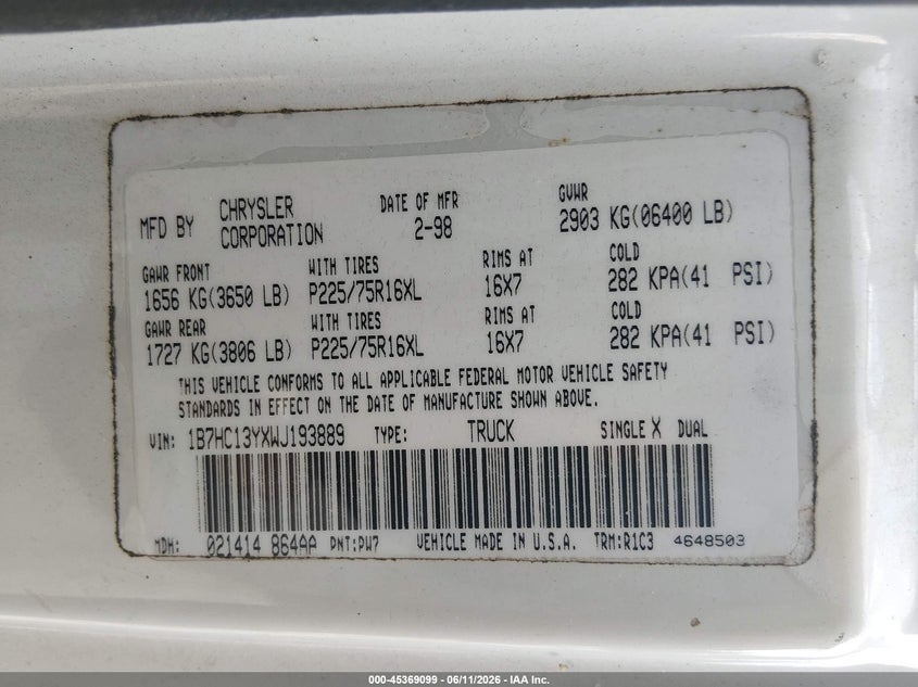 1998 Dodge Ram 1500 VIN 1B7HC13YXWJ193889 IAAI salvage auction — LEFT FRONT, Salvage (Idaho), sold $1,325 on 2026-07-09 (photo 9)