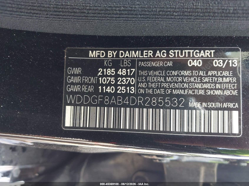 2013 Mercedes-benz C-klasse VIN WDDGF8AB4DR285532 IAAI salvage auction — FRONT END, Salvage Title, sold $2,175 on 2026-08-19 (photo 9)