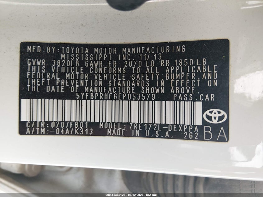 2014 Toyota Corolla VIN 5YFBPRHE6EP053579 IAAI salvage auction — RIGHT SIDE, Salvage Title, sold $2,500 on 2026-07-29 (photo 9)
