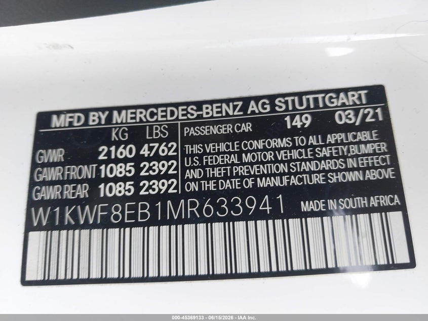 2021 Mercedes-benz C-klasse VIN W1KWF8EB1MR633941 IAAI salvage auction — FRONT END, Salvage Title, sold $7,800 on 2026-07-29 (photo 9)