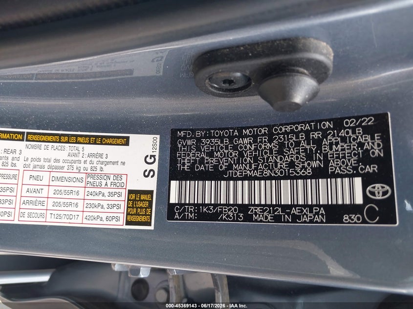 2022 Toyota Corolla VIN JTDEPMAE8N3015368 IAAI salvage auction — REAR END, Salvage (Tennessee), sold $3,600 on 2026-07-19 (photo 9)