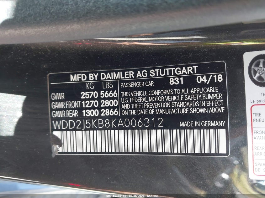 2019 Mercedes-benz Cls-klasse VIN WDD2J5KB8KA006312 IAAI salvage auction — UNKNOWN, Salvage Title, sold $8,100 on 2026-07-29 (photo 9)
