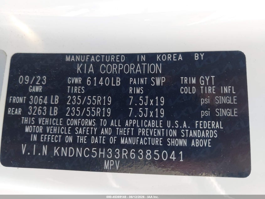 2024 Kia Carnival VIN KNDNC5H33R6385041 IAAI salvage auction — ROOF, Salvage (Massachusetts), sold $8,000 on 2026-07-31 (photo 9)