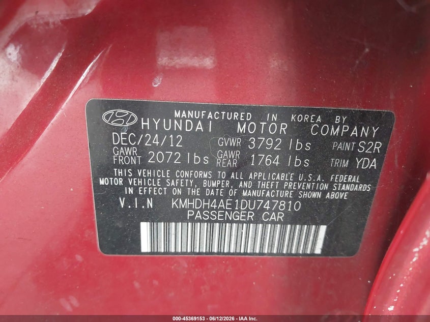 2013 Hyundai Elantra VIN KMHDH4AE1DU747810 IAAI salvage auction — REAR END, Rebuildable (Florida), sold $1,150 on 2026-07-15 (photo 9)