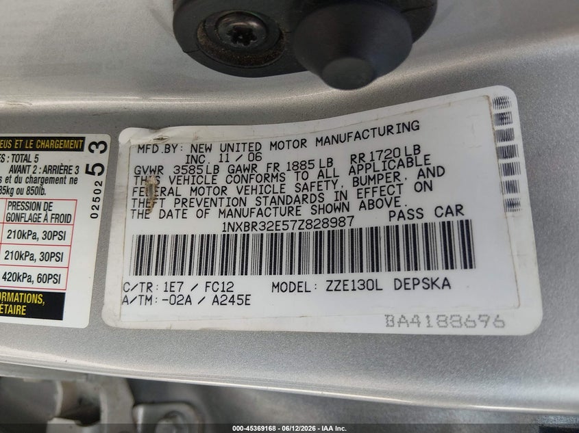 2007 Toyota Corolla VIN 1NXBR32E57Z828987 IAAI salvage auction — SIDE, Salvage (Texas), sold $1,500 on 2026-07-11 (photo 9)