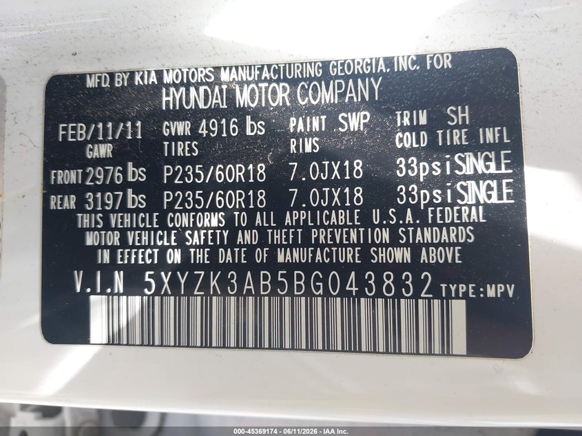 2011 Hyundai Santa fe VIN 5XYZK3AB5BG043832 IAAI salvage auction — SIDE, Clear (Florida), sold $2,350 on 2026-07-13 (photo 9)