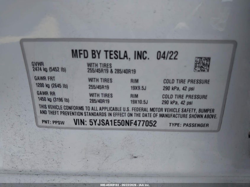 2022 Tesla Model s VIN 5YJSA1E50NF477052 IAAI salvage auction — WATER/FLOOD, Salvage Title, sold $13,250 on 2026-07-30 (photo 9)