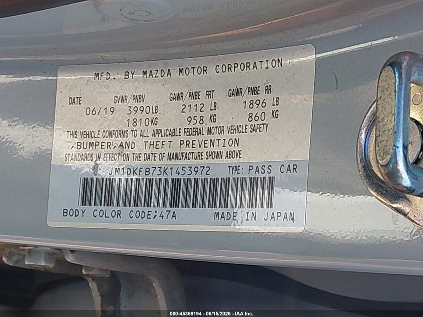 2019 Mazda Cx-3 VIN JM1DKFB73K1453972 IAAI salvage auction — FRONT & REAR, Salvage Title, sold $25 on 2026-07-28 (photo 9)