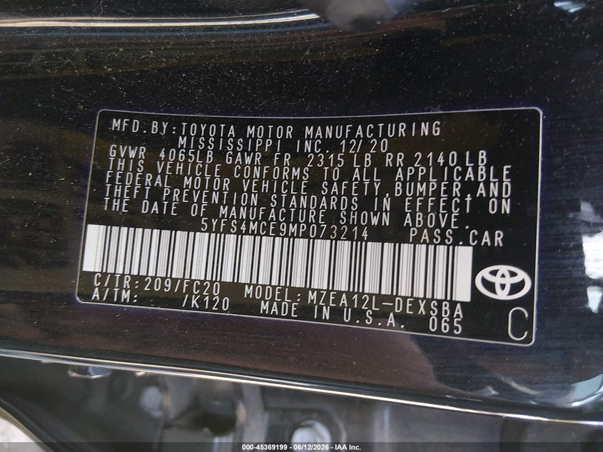 2021 Toyota Corolla VIN 5YFS4MCE9MP073214 IAAI salvage auction — FRONT & REAR, Salvage - Greater Than 75% (Maryland), sold $3,650 on 2026-07-31 (photo 9)