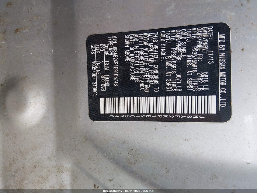 2014 Nissan Quest VIN JN8AE2KP1E9105746 IAAI salvage auction — NORMAL WEAR, Clear (Tennessee), sold $825 on 2026-07-09 (photo 9)