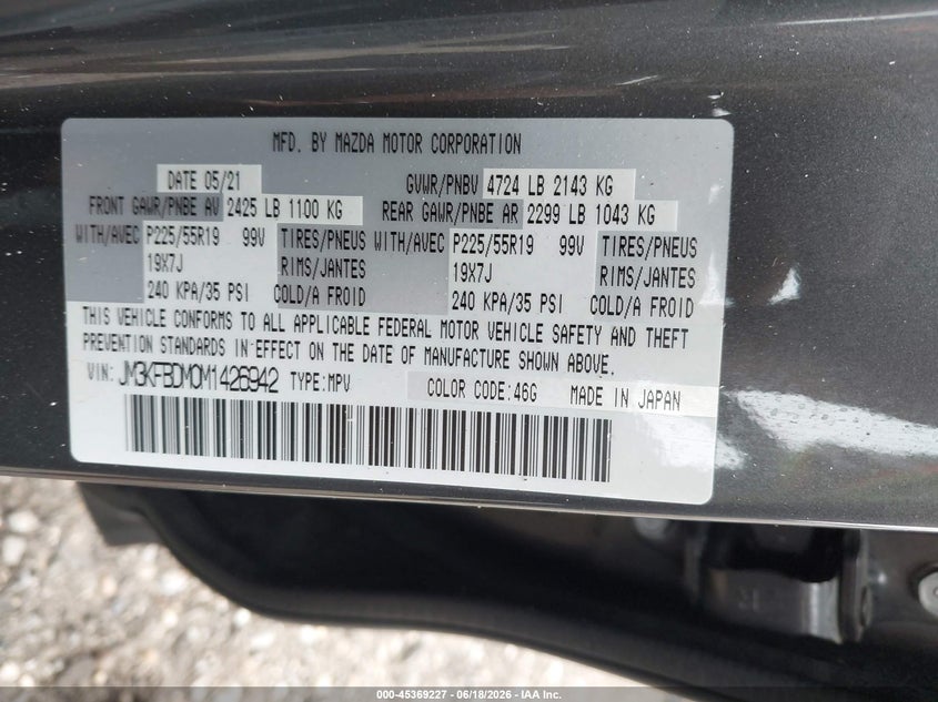 2021 Mazda Cx-5 VIN JM3KFBDM0M1426942 IAAI salvage auction — ROOF, Salvage Title, sold $4,850 on 2026-07-28 (photo 9)