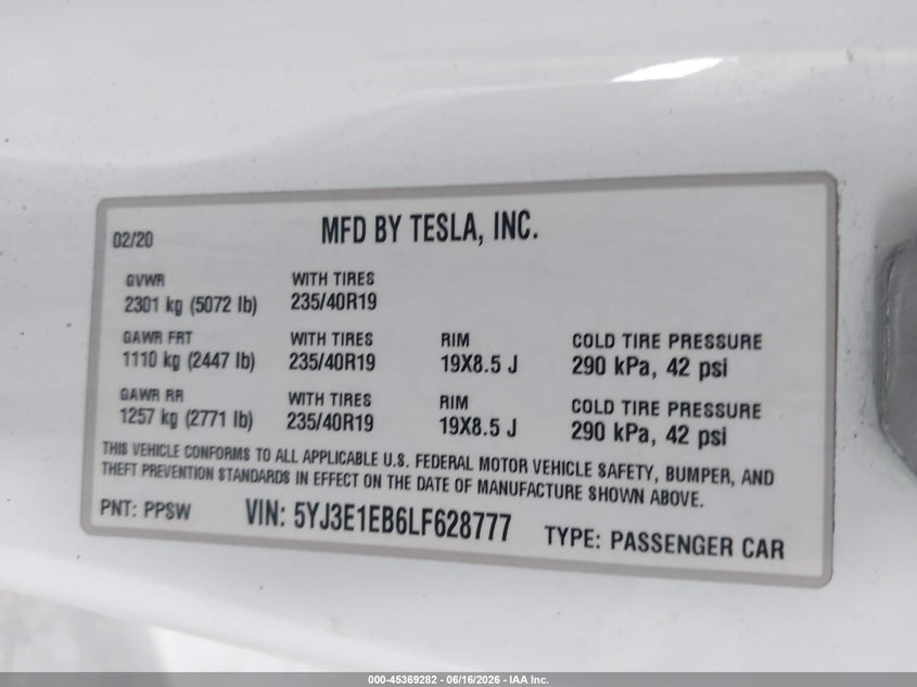 2020 Tesla Model 3 VIN 5YJ3E1EB6LF628777 IAAI salvage auction — LEFT SIDE, Rebuildable (Florida), sold $6,500 on 2026-07-23 (photo 9)
