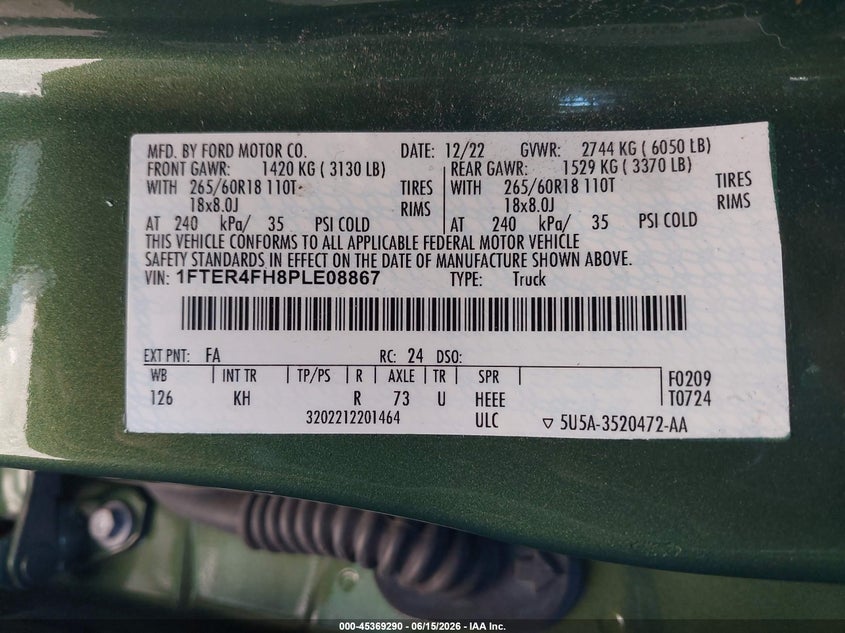2023 Ford Ranger VIN 1FTER4FH8PLE08867 IAAI salvage auction — FRONT END, Salvage Title, sold $8,000 on 2026-07-30 (photo 9)