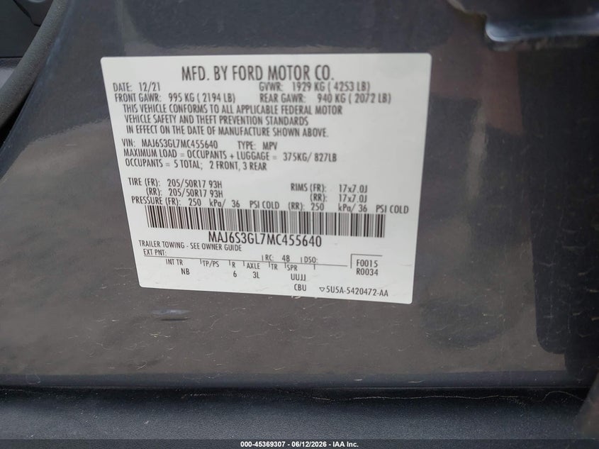 2021 Ford Ecosport VIN MAJ6S3GL7MC455640 IAAI salvage auction — FRONT END, Salvage (Pennsylvania), sold $1,750 on 2026-07-15 (photo 9)
