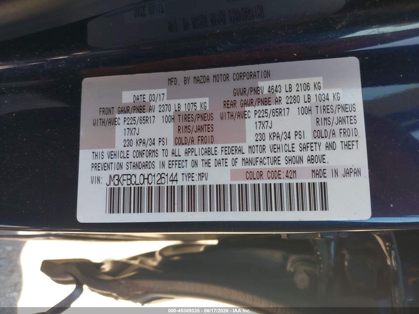 2017 Mazda Cx-5 VIN JM3KFBCL0H0126144 IAAI salvage auction — LEFT SIDE, Salvage (Kansas), sold $7,150 on 2026-07-15 (photo 9)