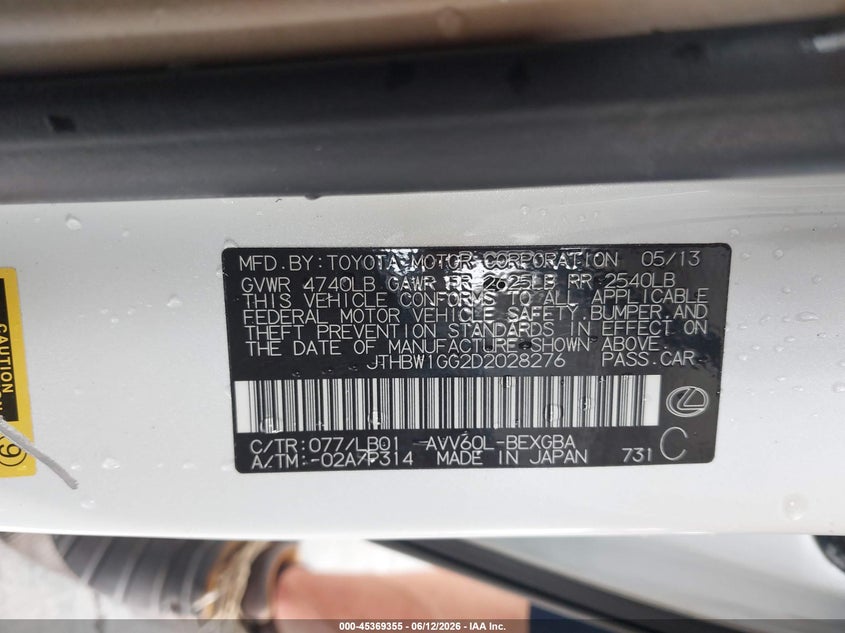 2013 Lexus ES VIN JTHBW1GG2D2028276 IAAI salvage auction — FRONT END, Rebuildable (Florida), sold $400 on 2026-07-29 (photo 9)