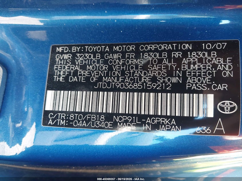 2008 Toyota Yaris VIN JTDJT903685159212 IAAI salvage auction — REAR END, Salvage (Ohio), sold $300 on 2026-07-14 (photo 9)