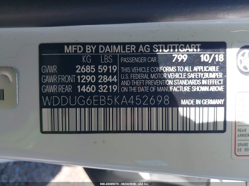 2019 Mercedes-benz S-klasse VIN WDDUG6EB5KA452698 IAAI salvage auction — FRONT END, Salvage Title, sold $17,900 on 2026-08-08 (photo 9)