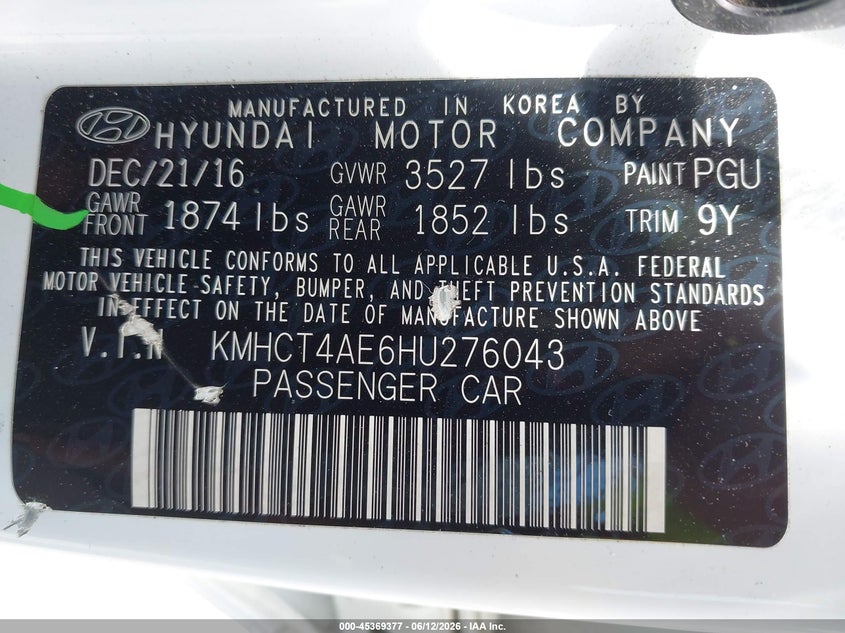 2017 Hyundai Accent VIN KMHCT4AE6HU276043 IAAI salvage auction — SIDE, Salvage (Rhode Island), sold $1,650 on 2026-07-12 (photo 9)