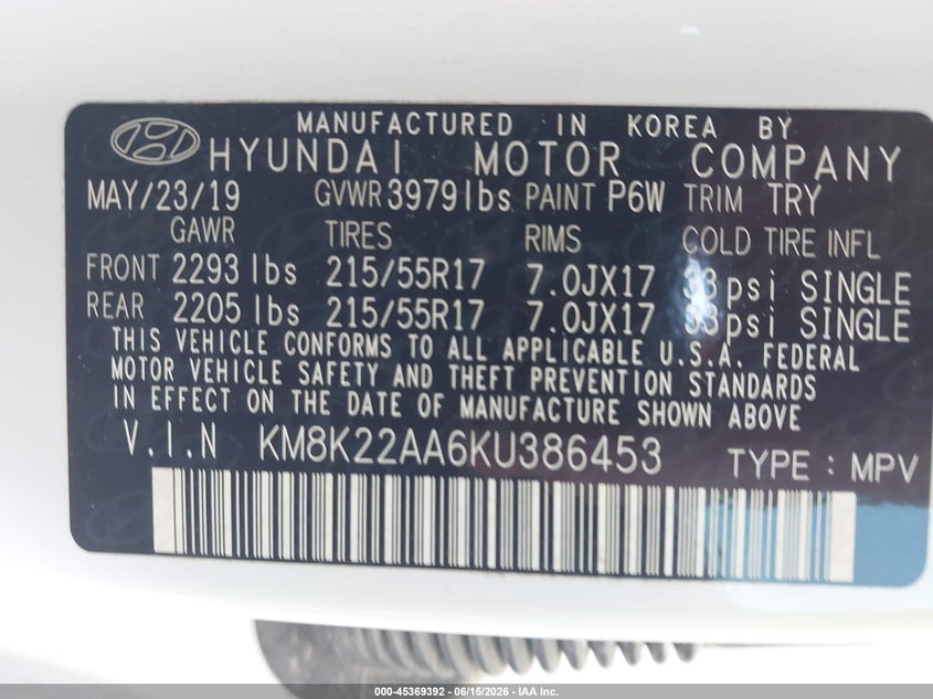 2019 Hyundai Kona VIN KM8K22AA6KU386453 IAAI salvage auction — RIGHT FRONT, Salvage (North Carolina), sold $2,300 on 2026-07-14 (photo 9)