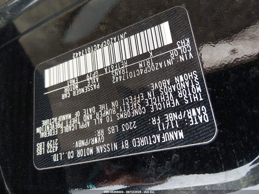 2012 Nissan Leaf VIN JN1AZ0CP4CT017442 IAAI salvage auction — NORMAL WEAR, Salvage Title, sold $275 on 2026-07-23 (photo 9)