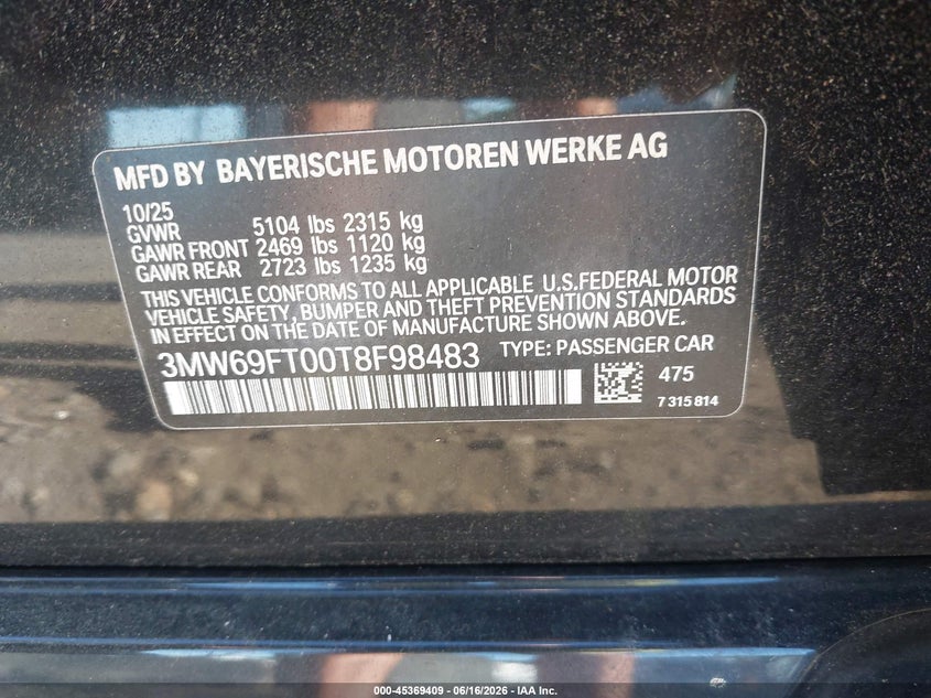 2026 BMW 3er VIN 3MW69FT00T8F98483 IAAI salvage auction — ROOF, Mv-907A (New York), sold $21,150 on 2026-08-24 (photo 9)