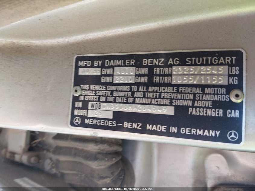 1987 Mercedes-benz 420 VIN WDBCA35D8HA284649 IAAI salvage auction — NORMAL WEAR, Salvage (New Mexico), sold $275 on 2026-07-29 (photo 9)