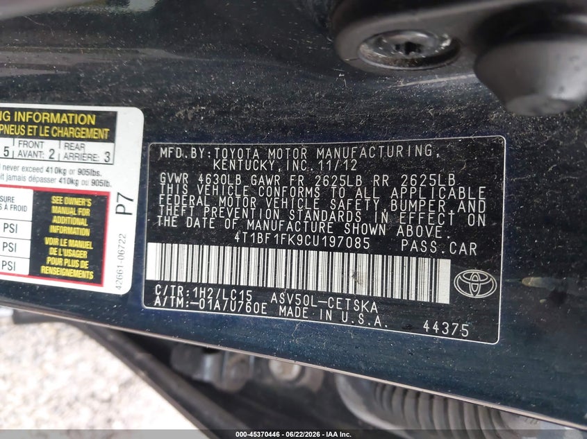 2012 Toyota Camry VIN 4T1BF1FK9CU197085 IAAI salvage auction — FRONT END, Salvage Title, sold $925 on 2026-07-18 (photo 9)