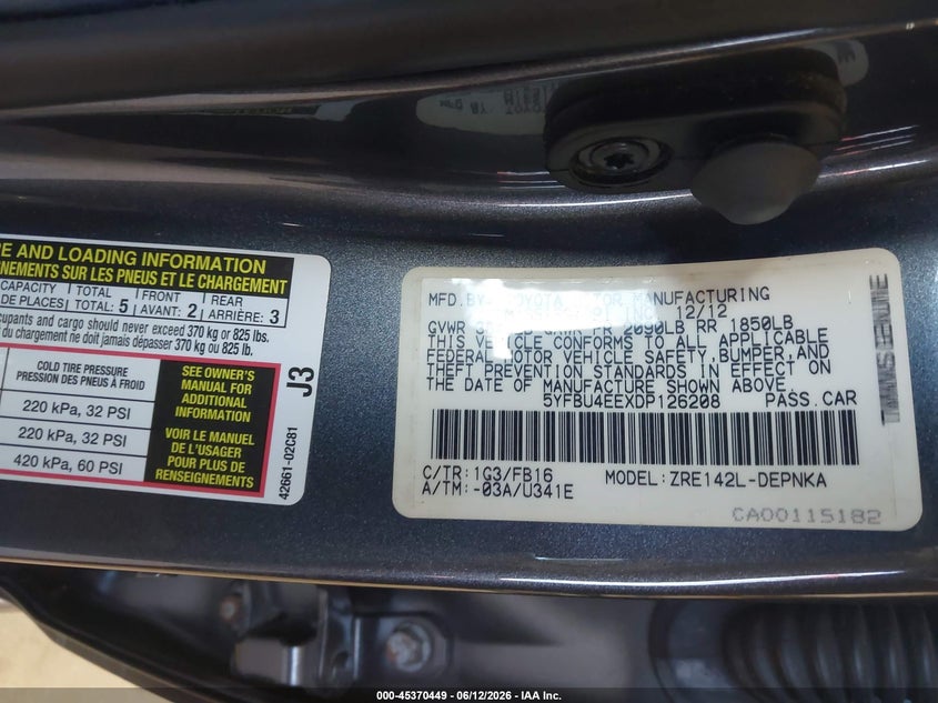 2013 Toyota Corolla VIN 5YFBU4EEXDP126208 IAAI salvage auction — FRONT END, Salvage (Idaho), sold $1,200 on 2026-07-09 (photo 9)