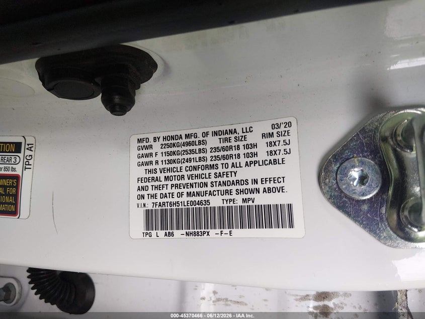 2020 Honda Cr-v VIN 7FART6H51LE004635 IAAI salvage auction — FRONT END, Salvage (Tennessee), sold $5,750 on 2026-07-14 (photo 9)
